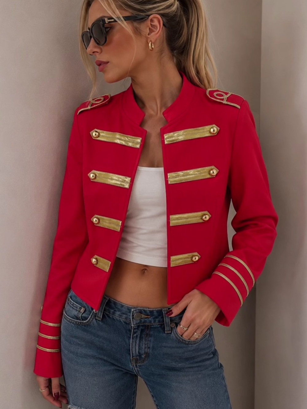 Red Military-Style Women's Cropped Jacket with Gold Trim - Picture 2 of 3